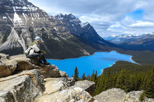 A hiker enjoying view at the Peyto Lake in the Banff National Park in Alberta