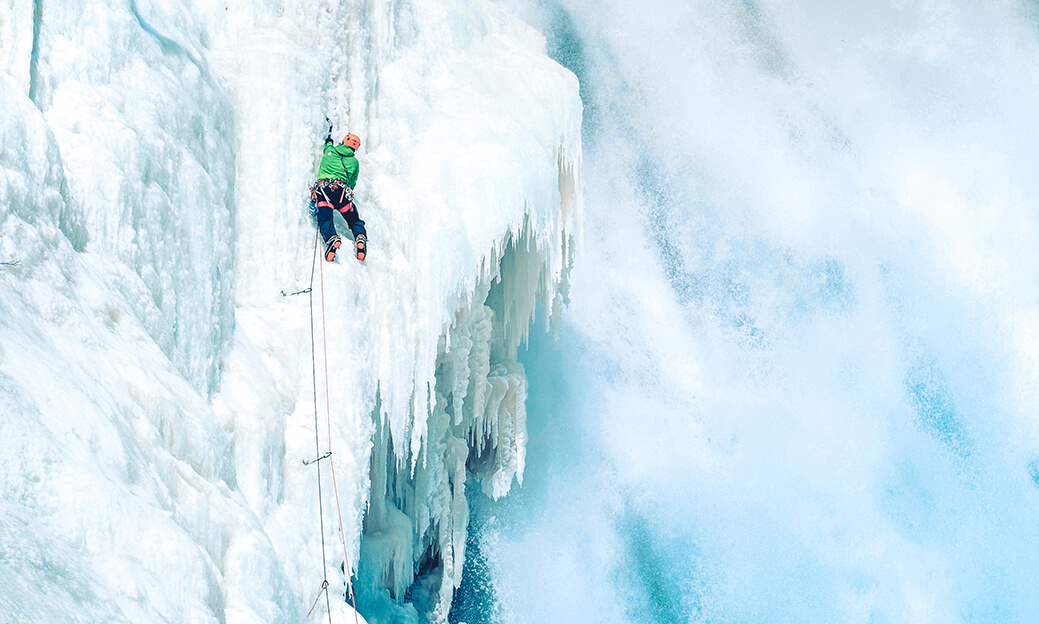 Benoit Chamberland ice climbing the Montmorency Falls in Quebec City